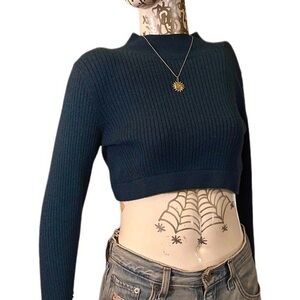 Cropped Rib-Knit Long Sleeve Top - Blue